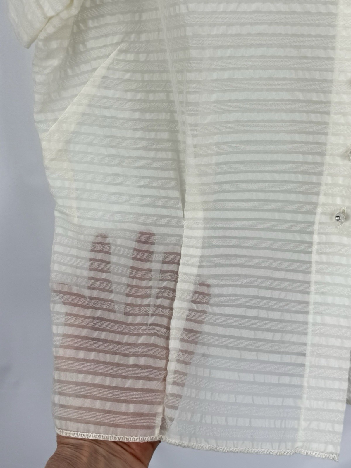 Vintage 50s Sheer Ivory Nylon Blouse Size 38 Short Sleeve Striped Point Collar