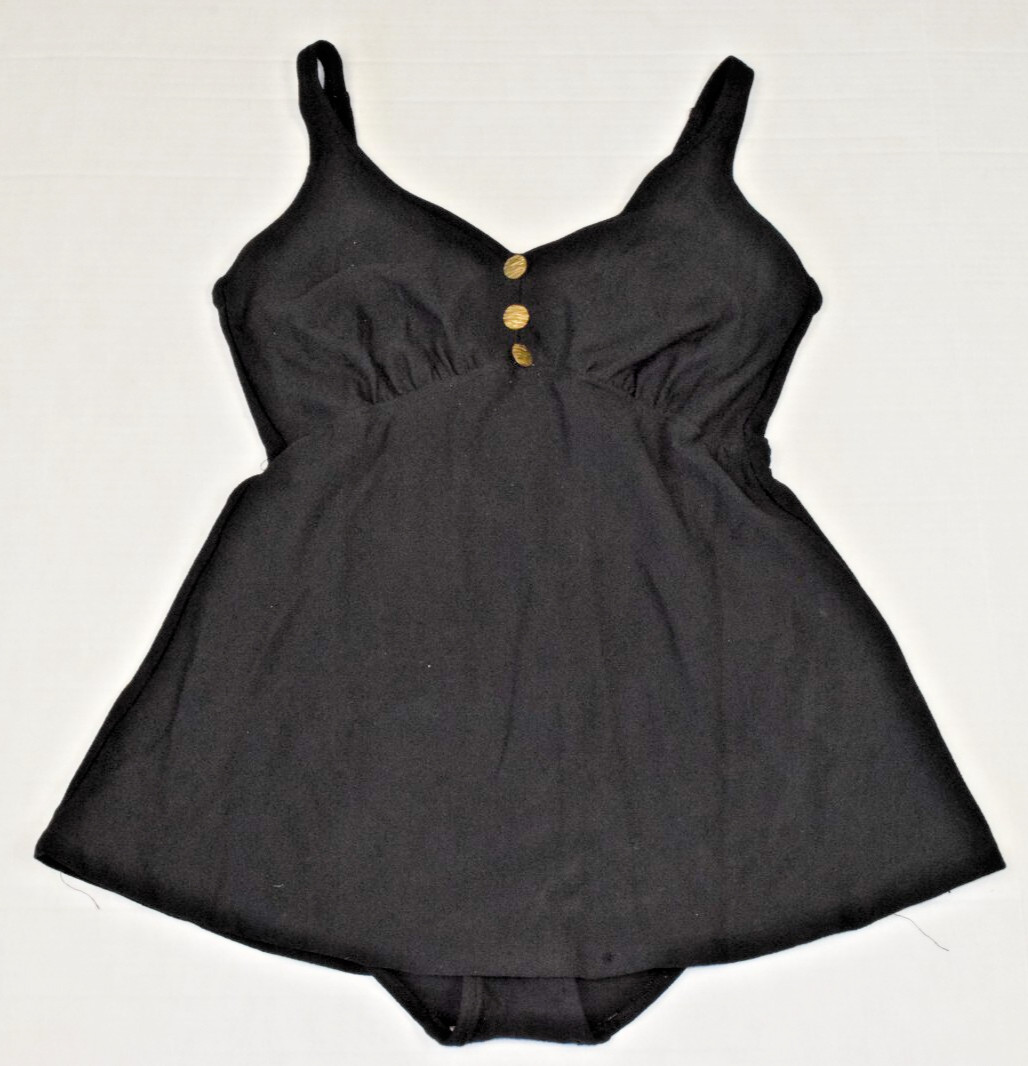 Vintage Swimsuit Roxanne Size 12 50s Thick Black Textured Skirt Brass Buttons