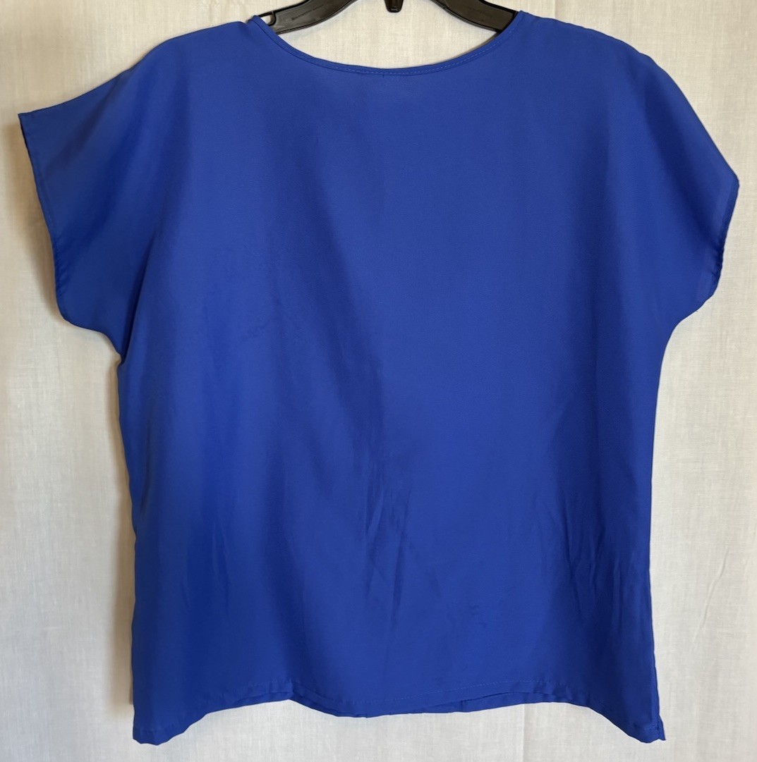 VINTAGE 90’s 80’s Y2K R&J BLUE PLEATED SHORT CAP SLEEVE BLOUSE SIZE 12