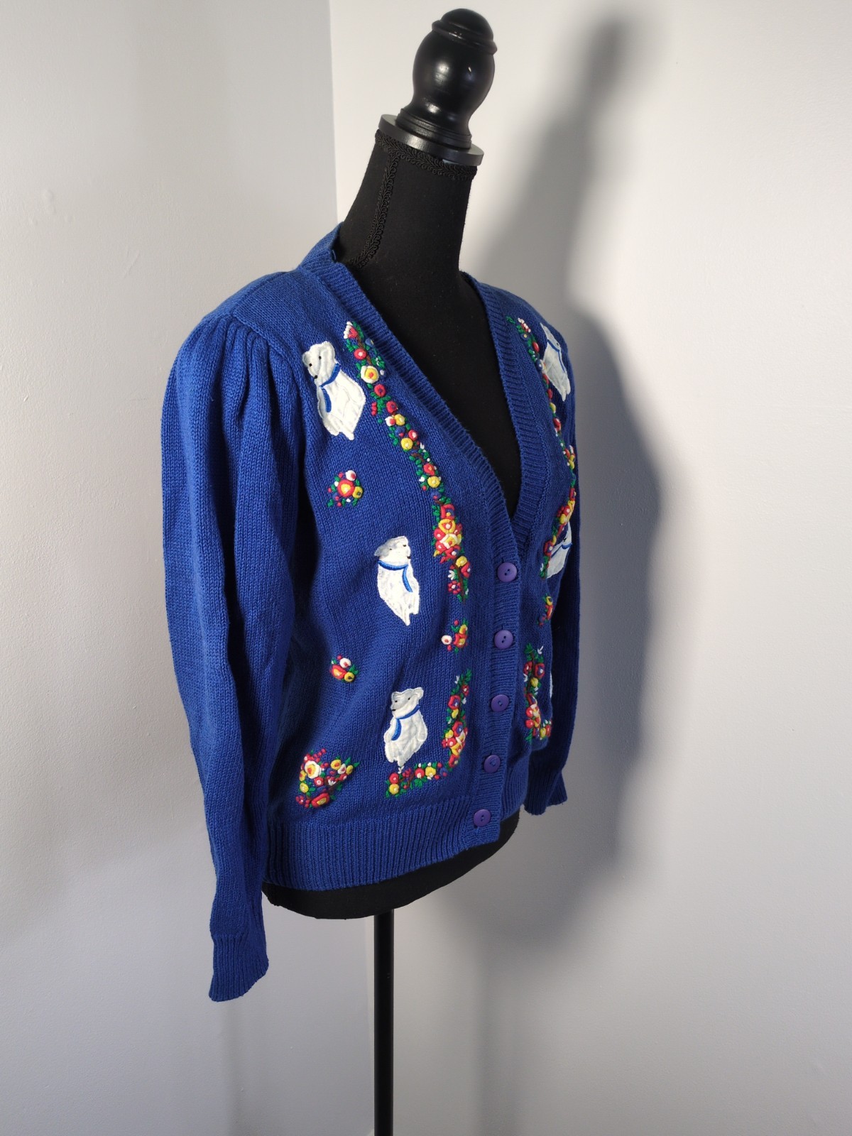 Vintage Margules Knit Cardigan Blue With Floral Embroidery, White Bears Women M
