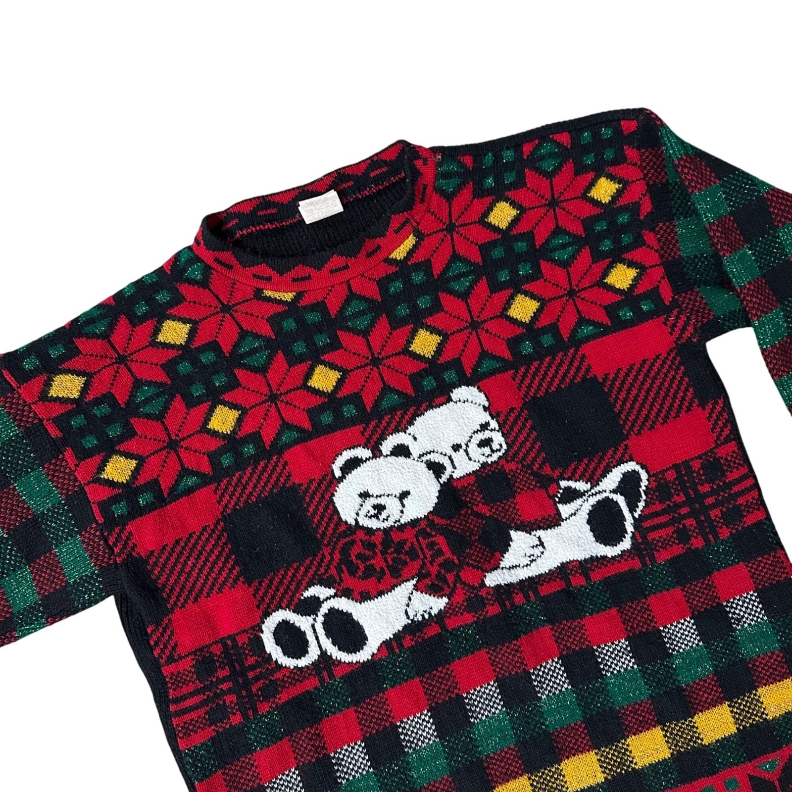 Vintage Christmas Sweater Teddy Bears Plaid 80s Holiday Time USA Acrylic Medium