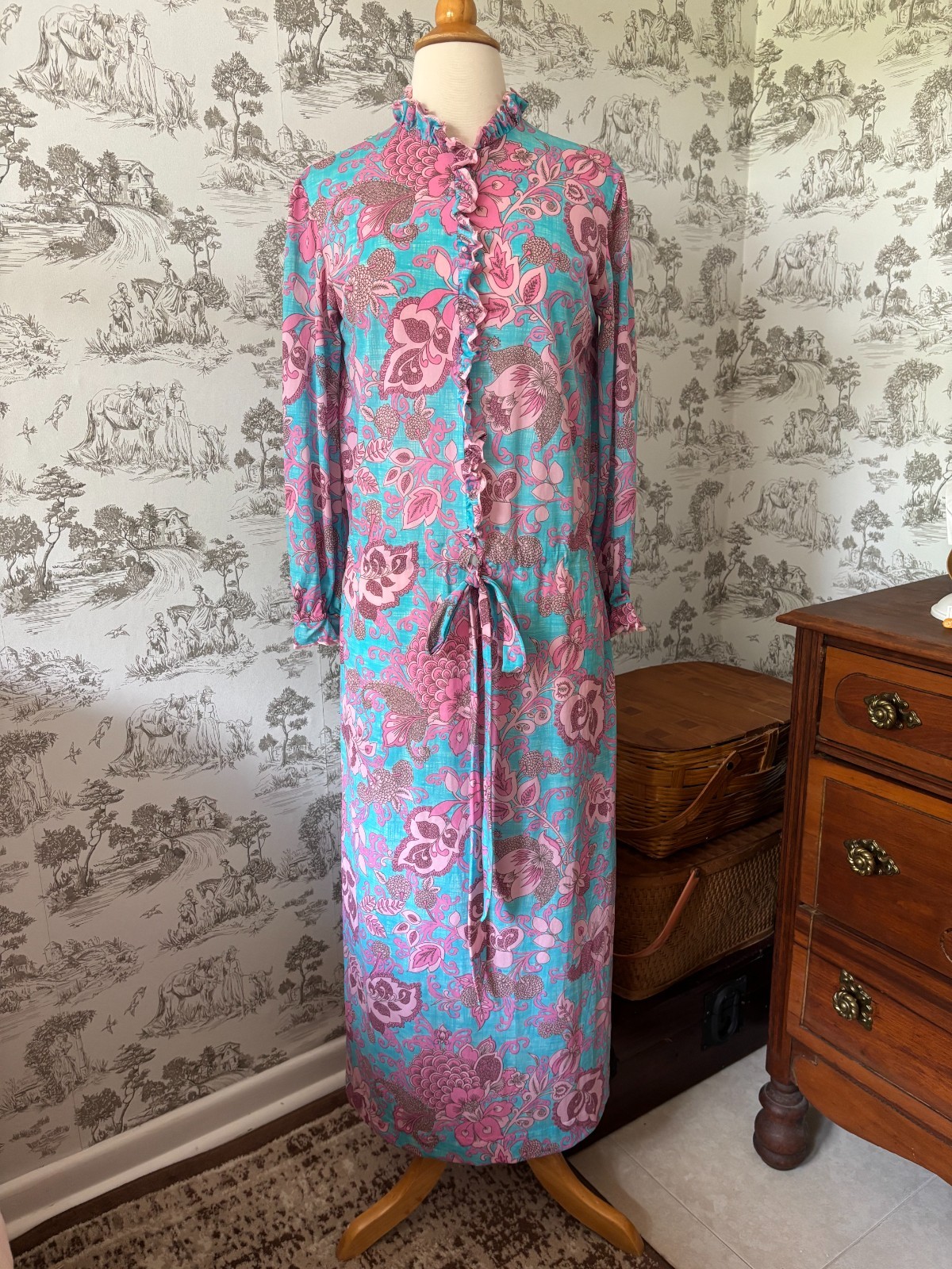 Vintage 70s Funky Floral Midi Dress Blue and Pink Gathered Tie Waist Ruffles