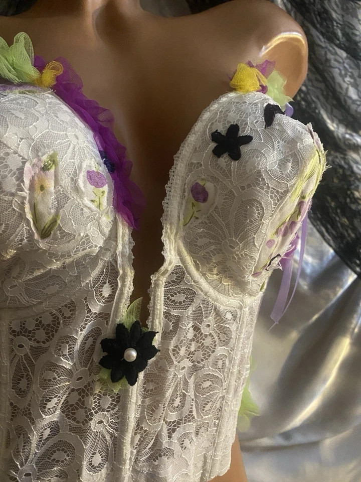 Vtg Dollcore CORSET BRA Festival BUSTIER Sissy Patchwork BOWS COACHELLA 38D