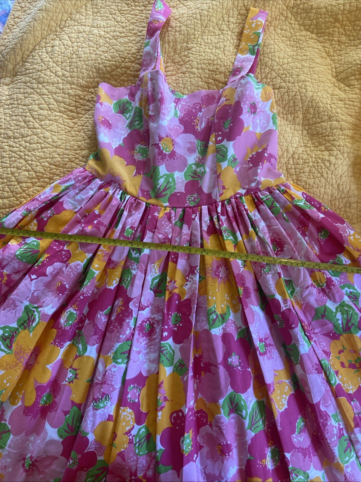 VTG 1950s Style Floral Cotton Dress Pink Yellow Green Flower Power Rockabilly