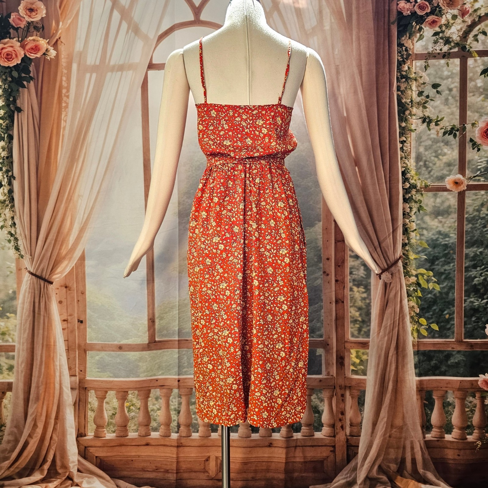 Vintage 1970s Dress Sundress Spaghetti Straps Tie Belt Red Cream Floral Boho