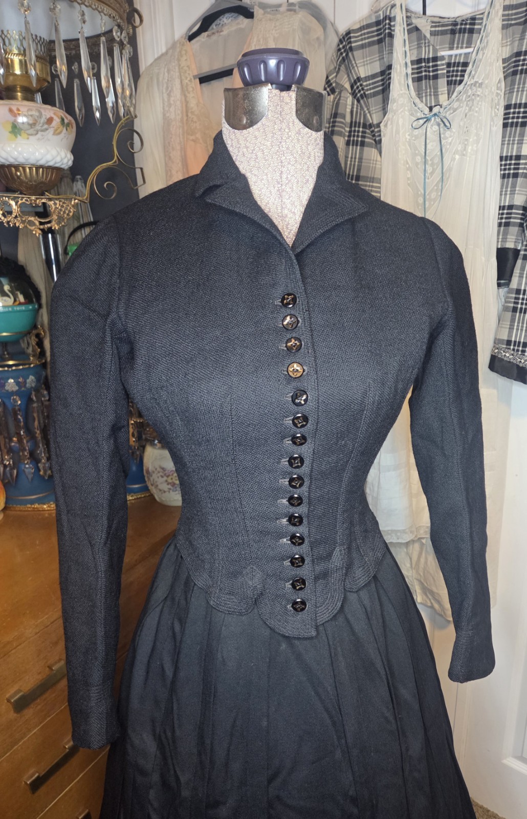 Black Victorian Wool Blend Bodice w/ Black & Gold Glass Buttons & Militia Style