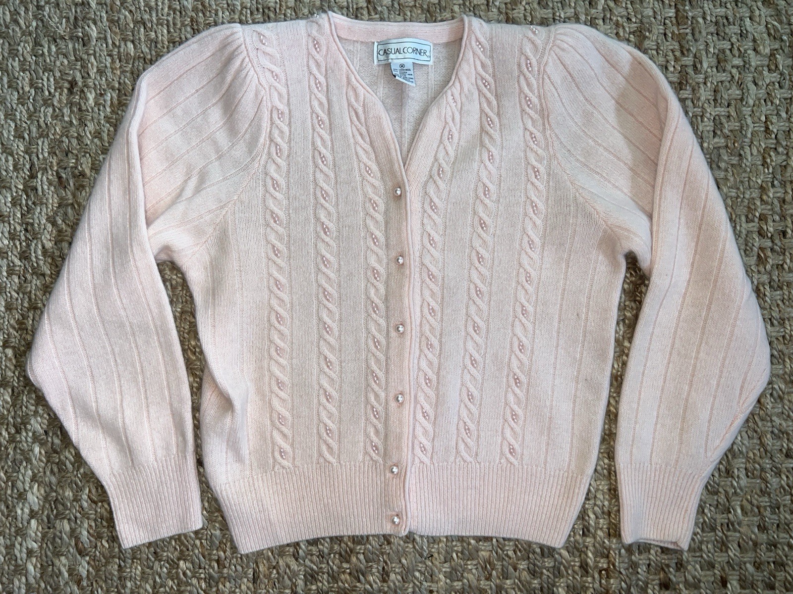 CASUAL CORNER 80’s Vintage 90s Angora Pearls Lambswool Cardigan Sweater M Pink