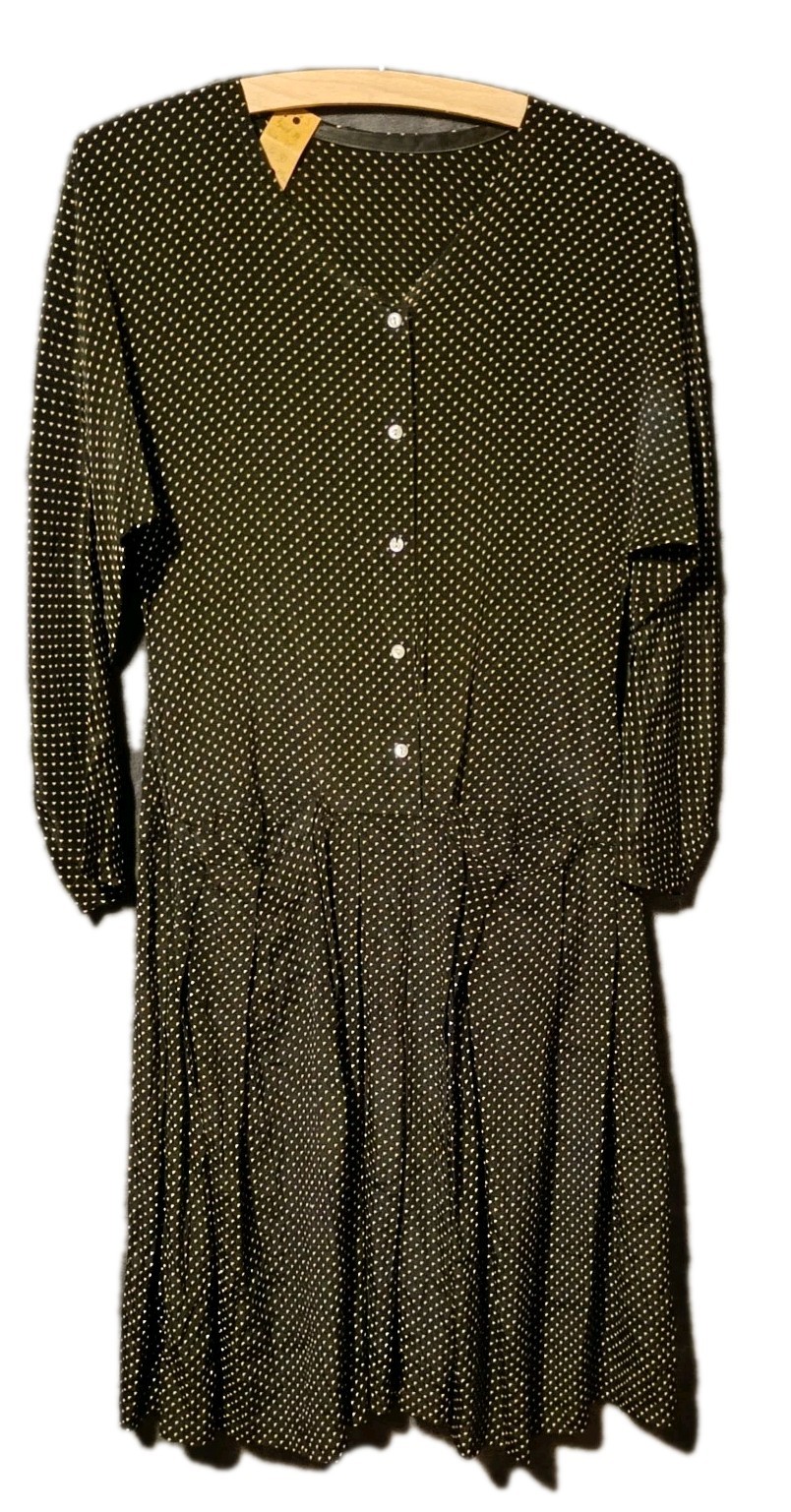 Vintage Dress Black Cream Polka Dots Size 34 36 XS S Midi Retro Pleated Skirt Pockets
