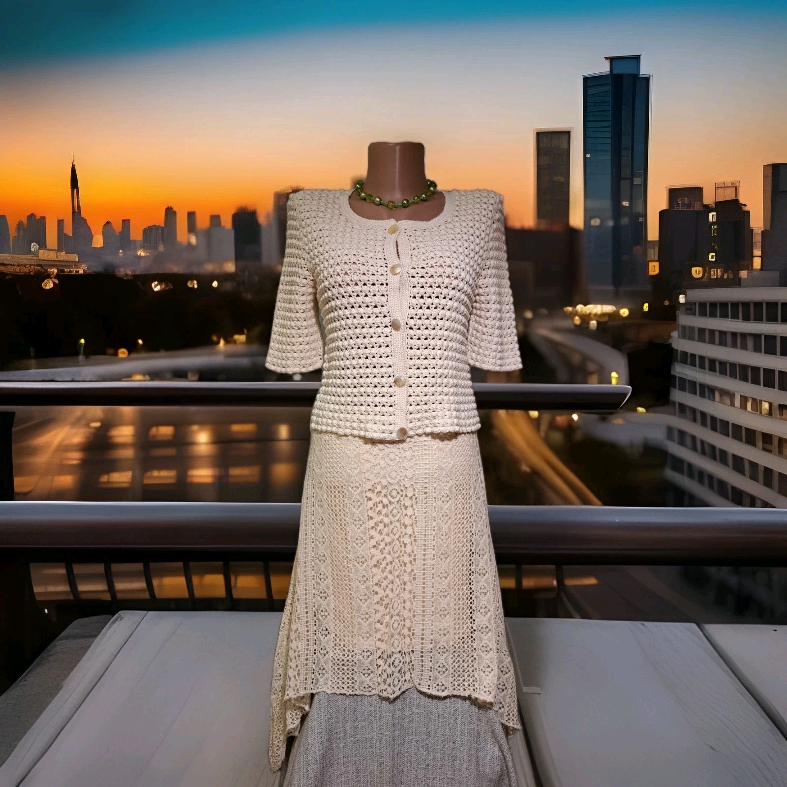 Vintage 80s 90s Handmade Crochet Cardigan Ivory MOP Buttons Ukrainian Handcraft