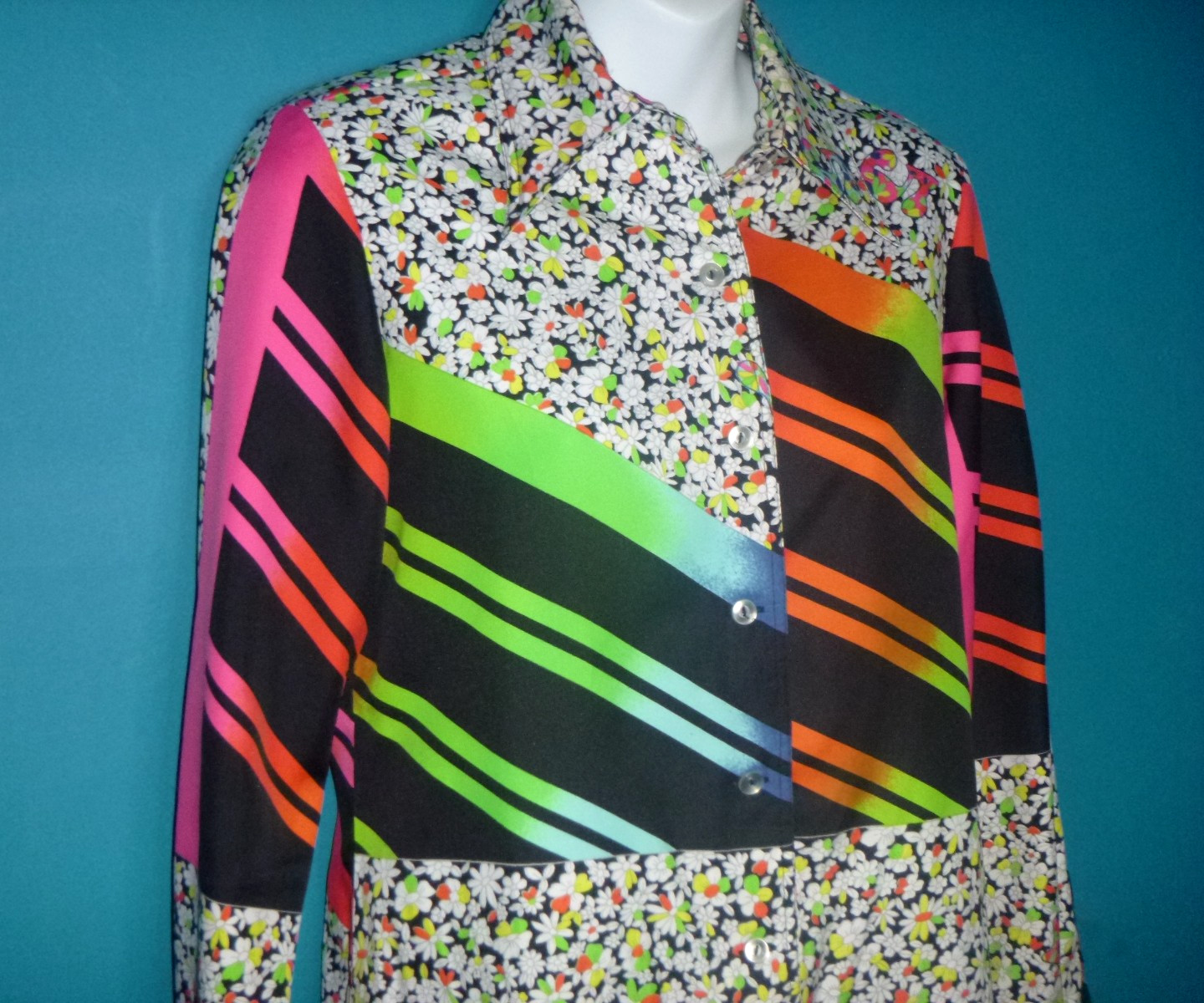Vtg 70s King James California GROOVY Blouse Shirt MOD Floral Neon Stripes Sz S/M