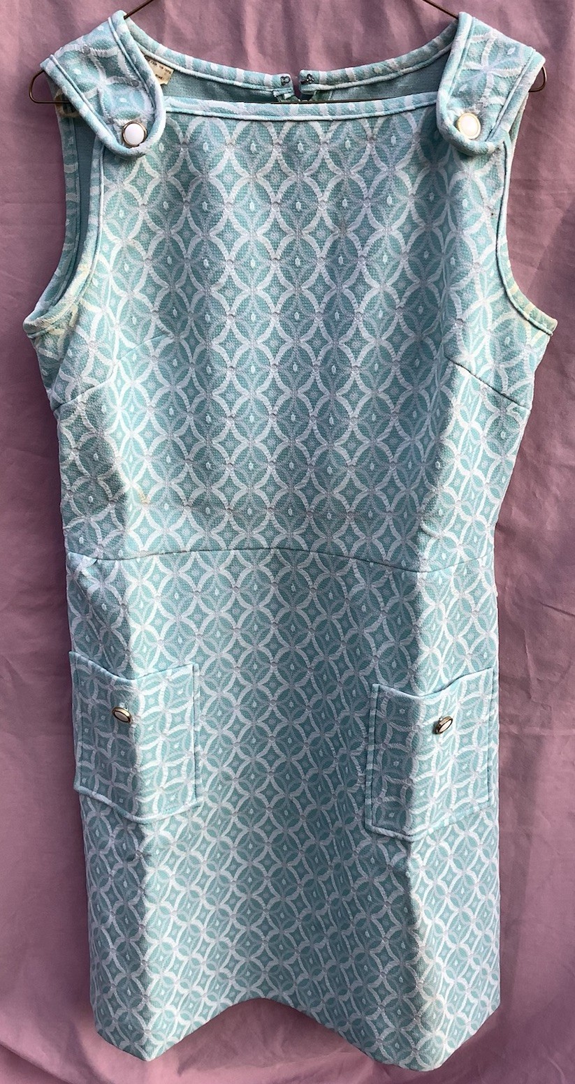 VTG 1960s Mod Baby Blue Geo Print Shift Dress Women’s Size 18 Sleeveless A-line