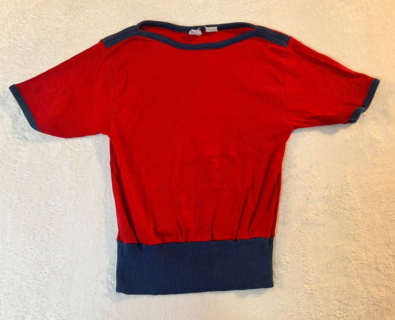 Vintage 70s Rob Roy Girls Boat Neck Red & Navy Blue Ringer Tee Wide Waistband 16