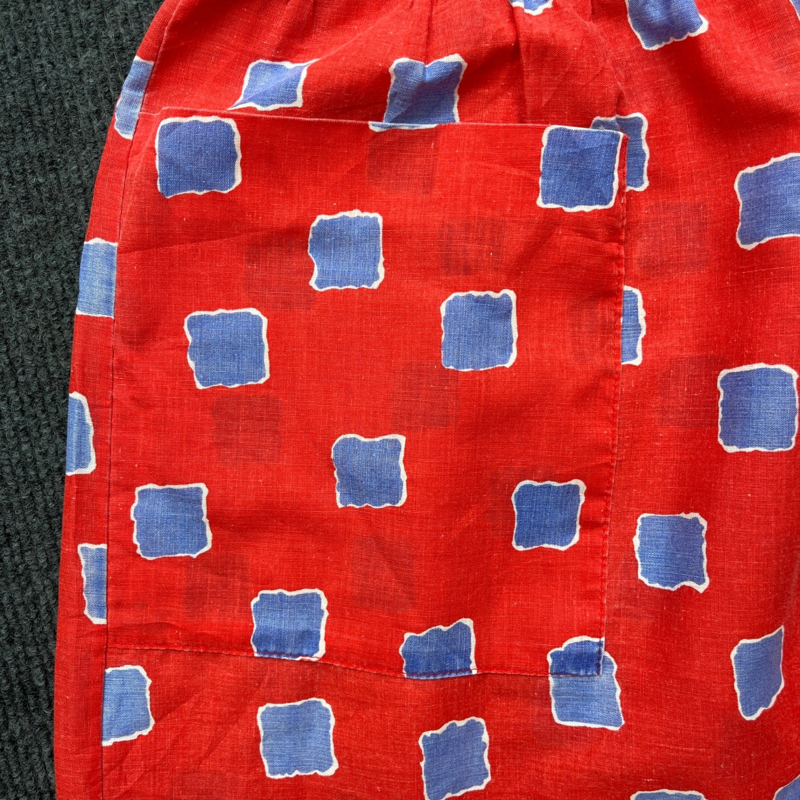 H. at HomeWear Vintage 90s Red Blue Square Print Drop Waist Pocket Dress L
