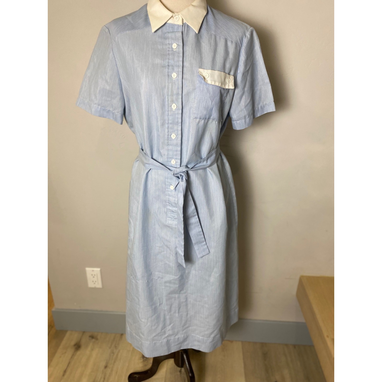 Vintage 1950s The Fifth Addition Blue Pinstripe Shirt Dress Contrast Collar Belt