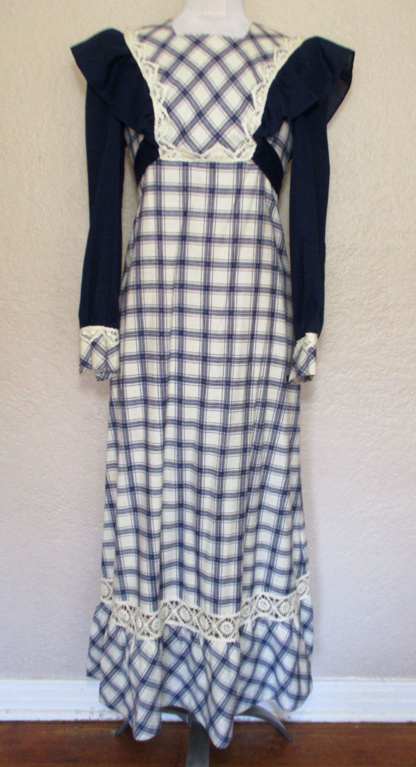 Vtg 70s California Charmer Prairie Maxi Dress Pinafore Ruffles Cottagecore XS