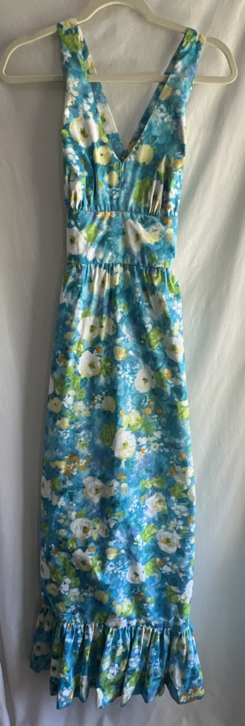 1970s Handmade Maxi Dress Bohemian Pinafore Style Cross Back Blue Floral Size S