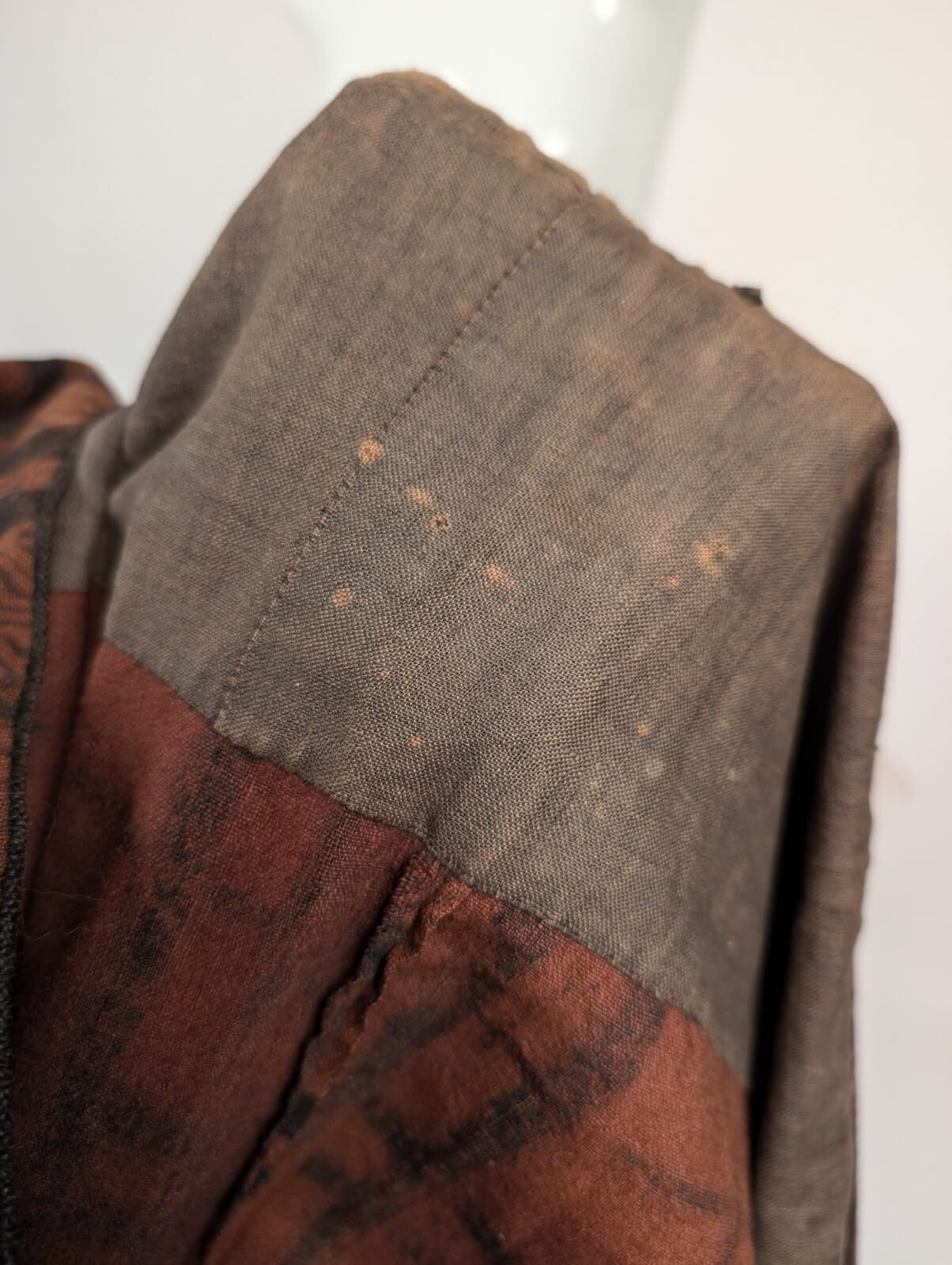 UNUSUAL LINEN WOOL WOOD GRAIN WINDOWPANE 1840’S WINTER WEIGHT DRESS W PLEAT CUFF