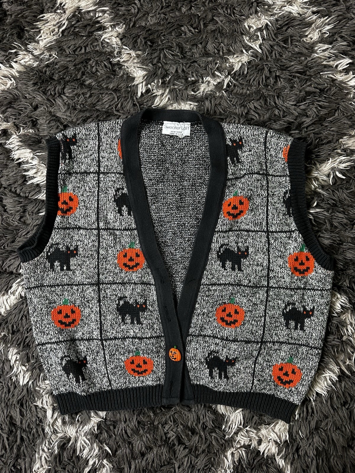 Vintage 90s Sweater Loft Vest Womens Large Halloween Pumpkin Black Cat USA