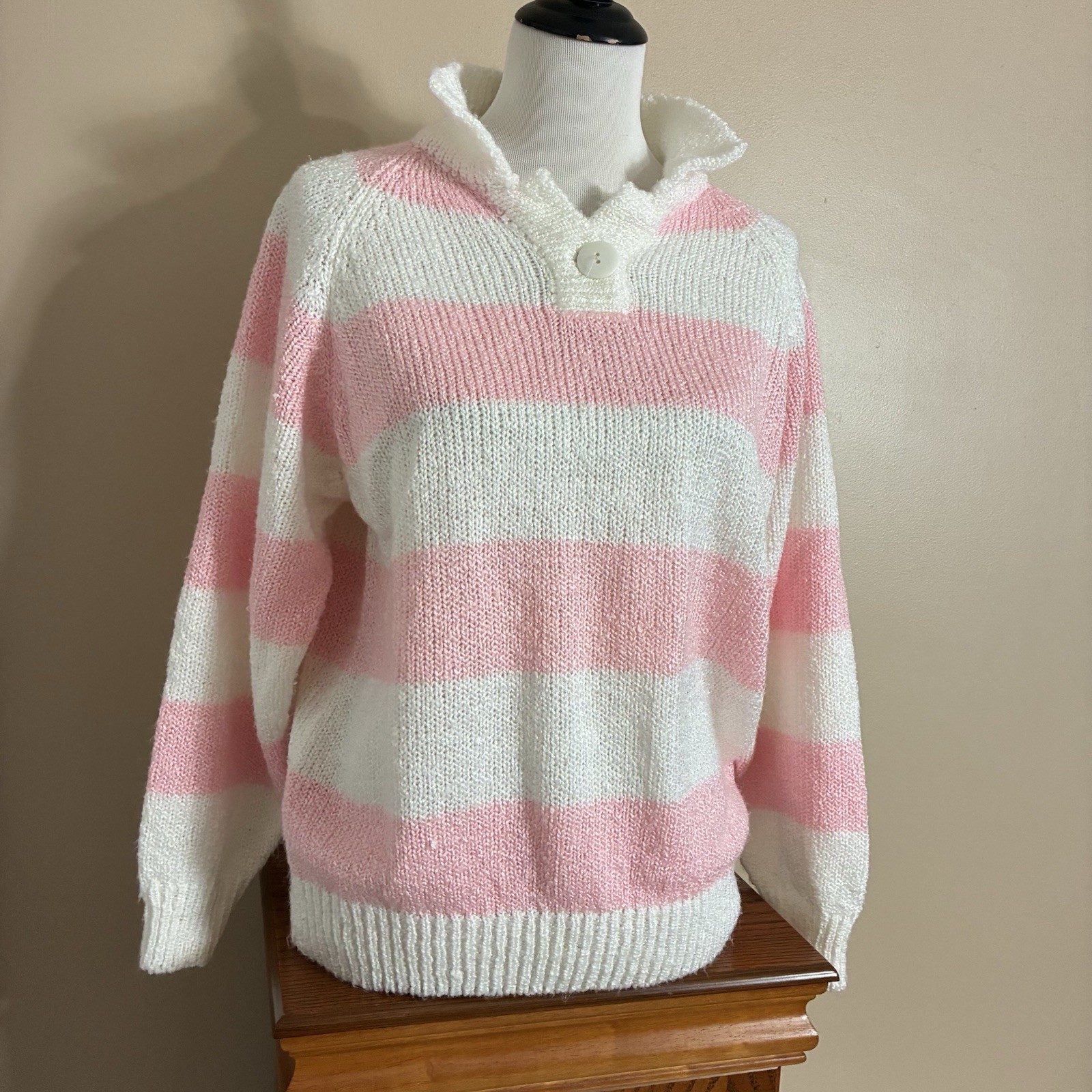 Liz Thomas Vintage Knit Sweater Sz 42/22W Pink White Chunky Stripes Collared