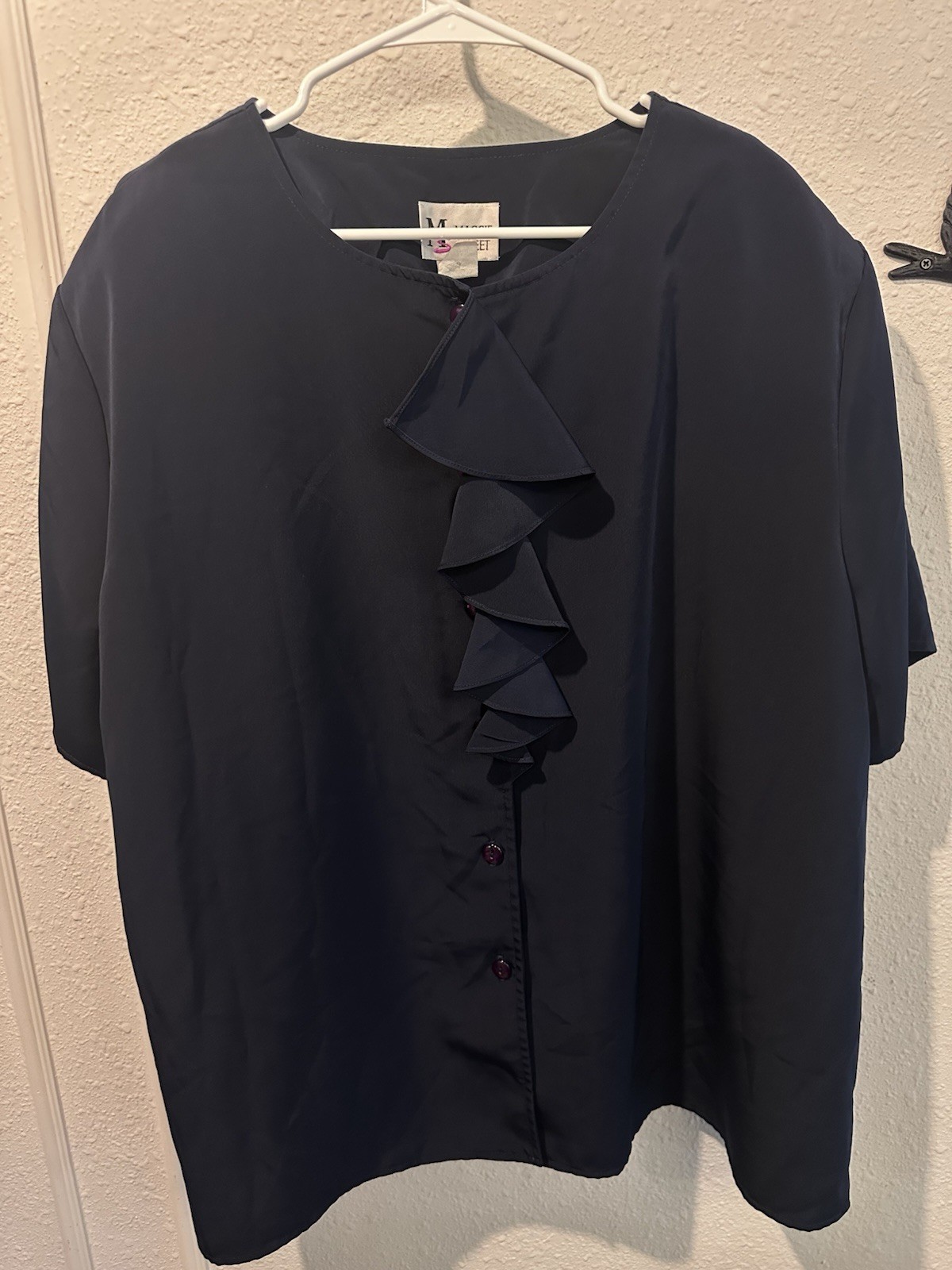 VTG 1990 Maggie Sweet 3X Navy Blue Blouse Ruffle Neck Button Up Shoulder Pads