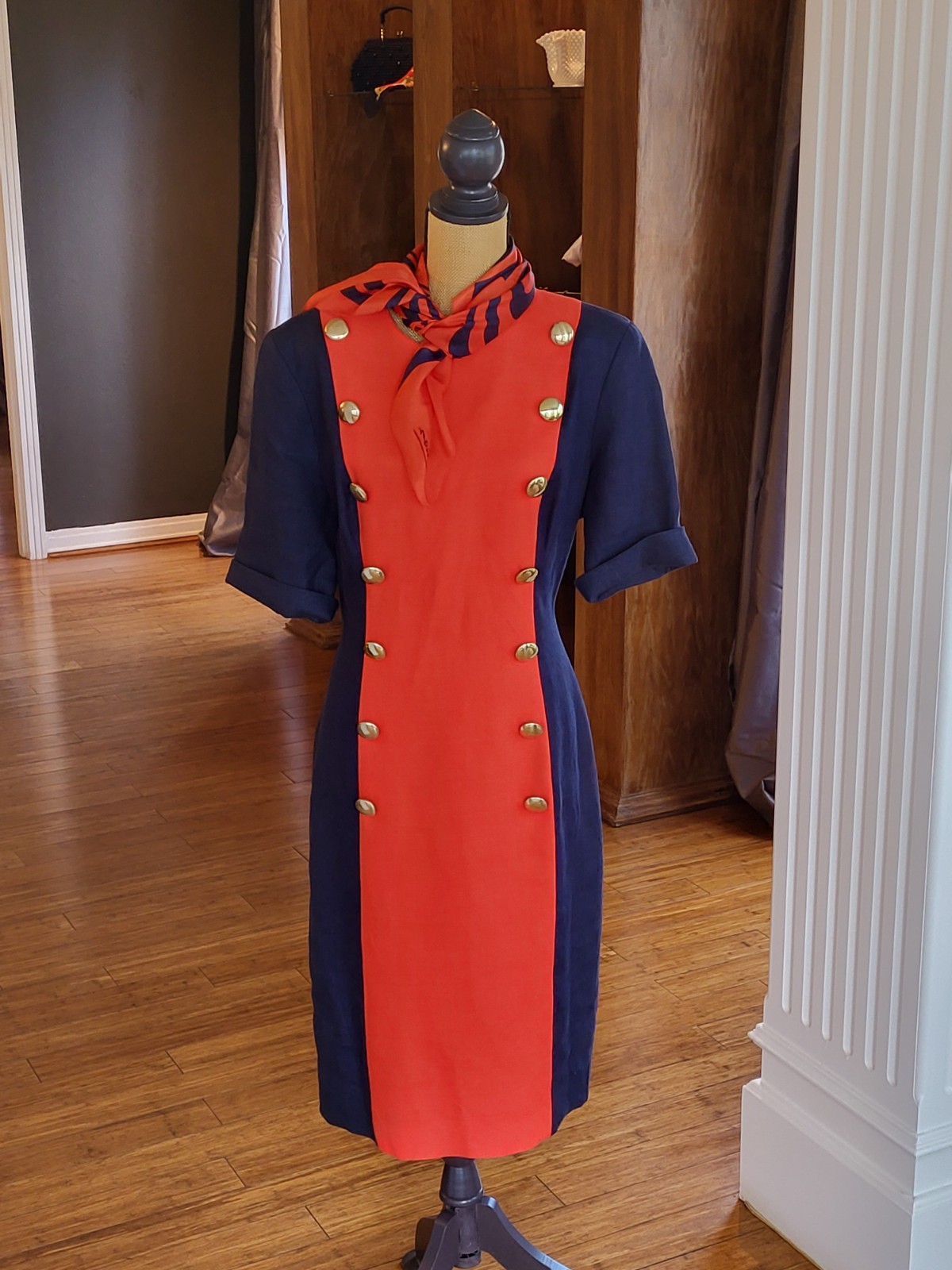 1980s Linen Colorblock Navy/Red Mid Length Dress Size 14