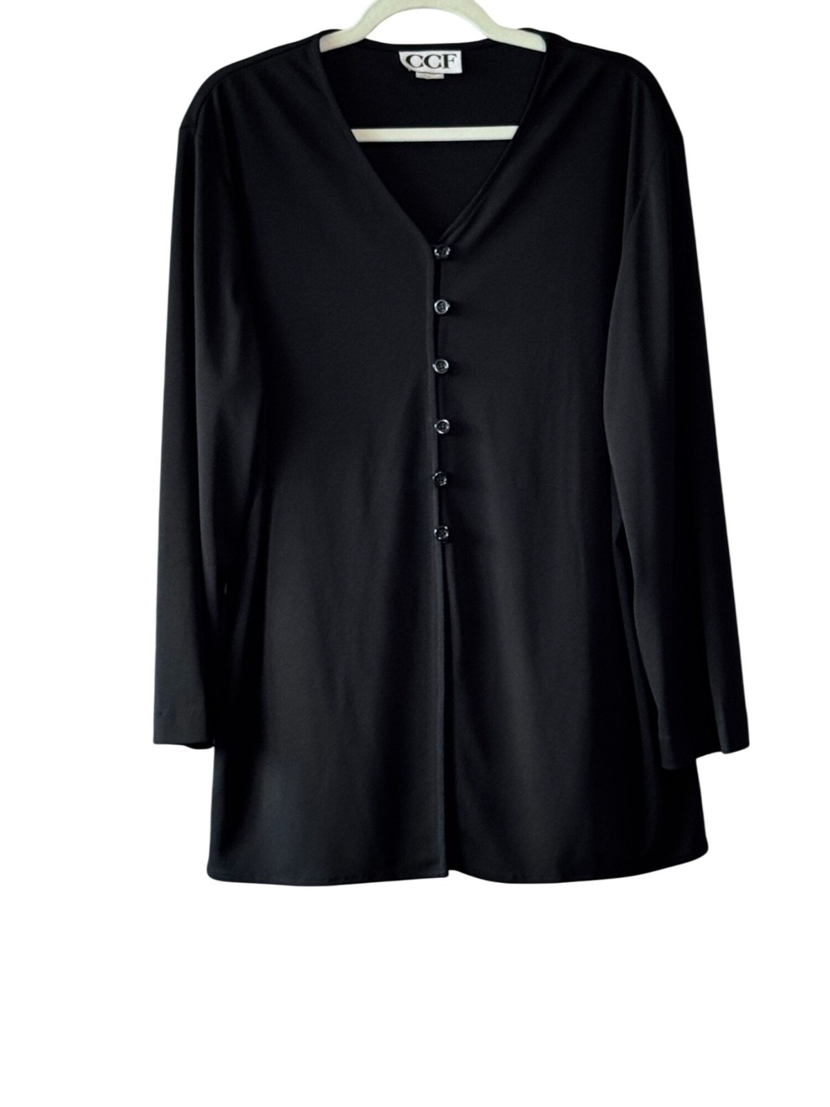 CCF Womens Vintage Longline Black Cardigan XL Stretchable Knit USA-Made