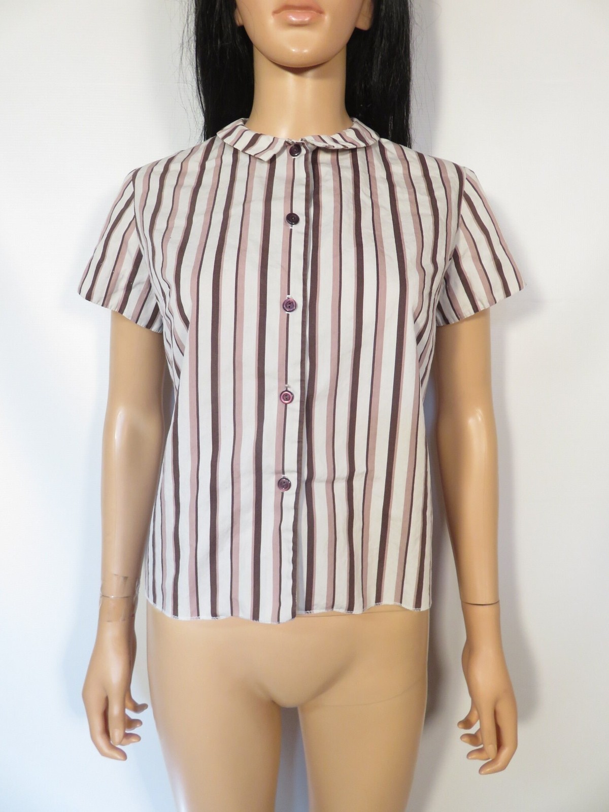 Vintage 60s Brown Striped Tailored Blouse Size M/L