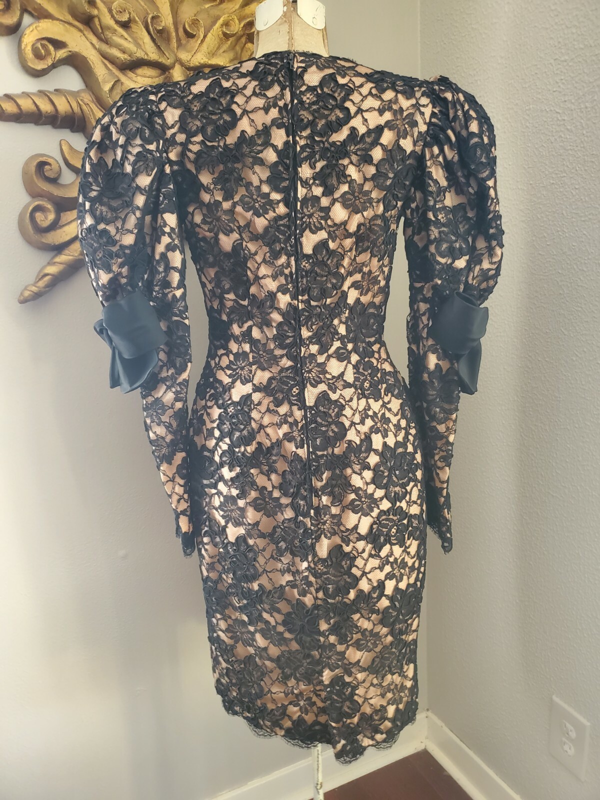 VTG 80’S ISABELLE ALLARD BLACK FLORAL LACE PRINCESS BOW VICTORIAN PARTY DRESS XS