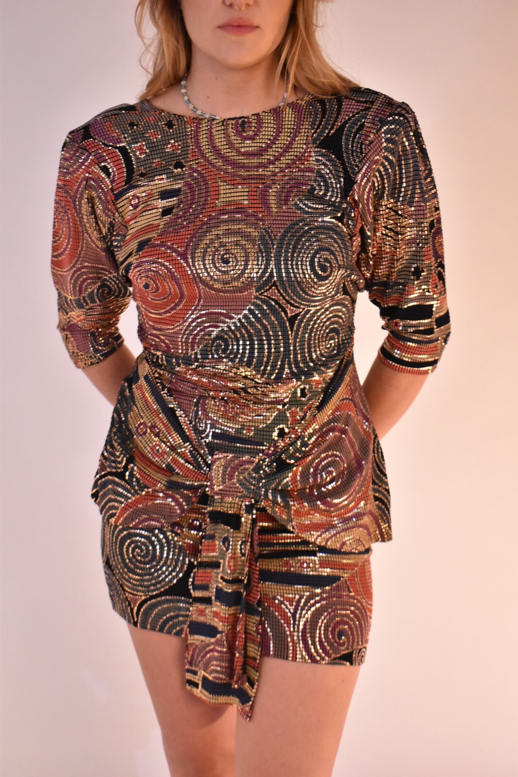 1980’s Janine Harris Hand Painted Metallic Mosaic Runway Dress – M