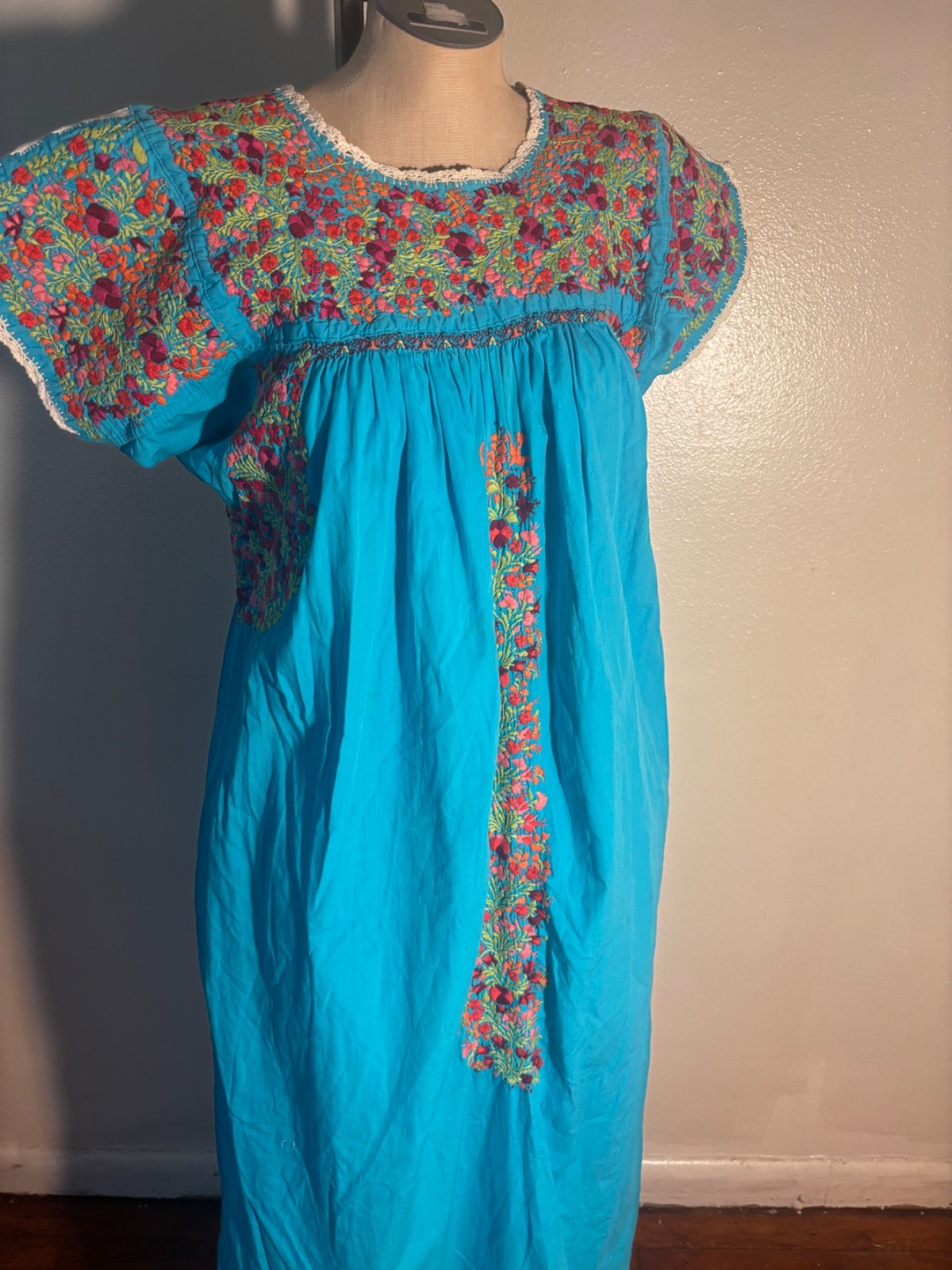 1970s Oaxacan Mexican Huipil Dress turquoise Cotton Embroidered maxi vtg dress
