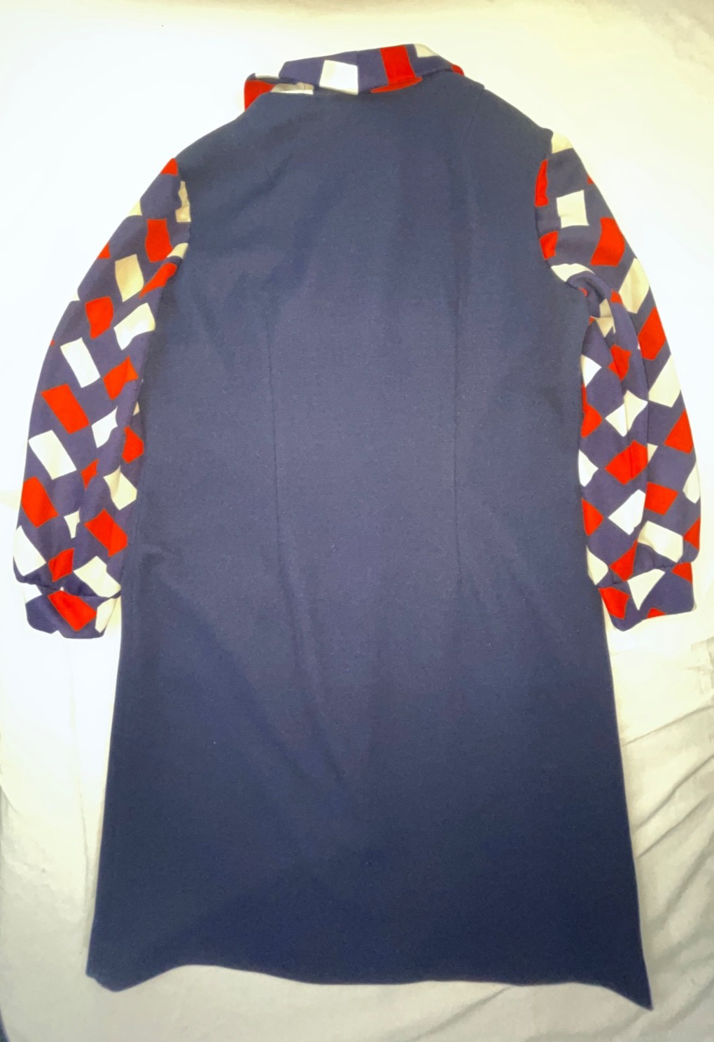 VTG 60S 70S WOMENS M BLUE RED WHITE DISCO MOD RETRO GOGO LONG SLEEVE SCARF DRESS