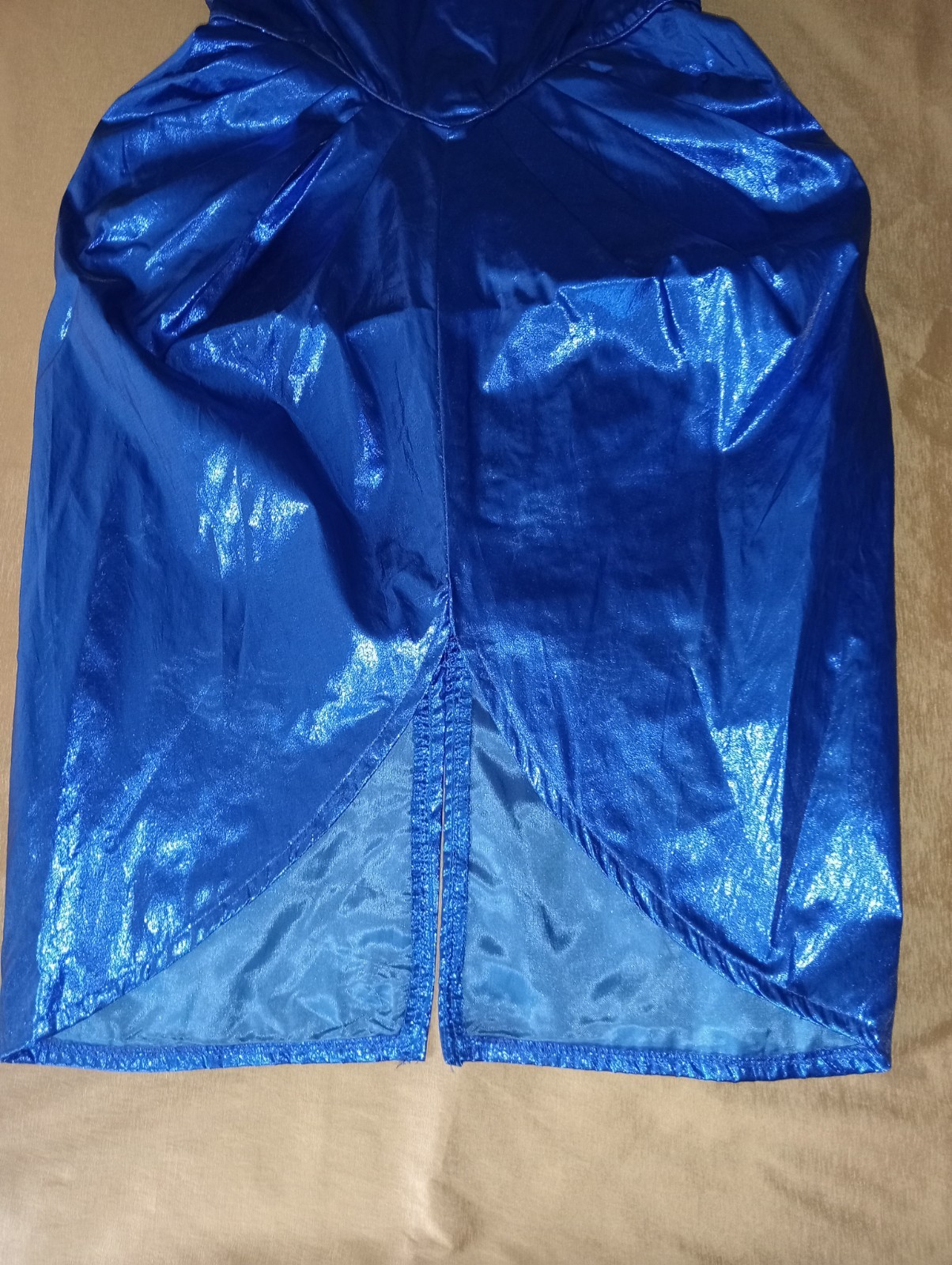 Vtg 80s Couture L.A. GLO dress metallic blue strapless bodycon peplum boning