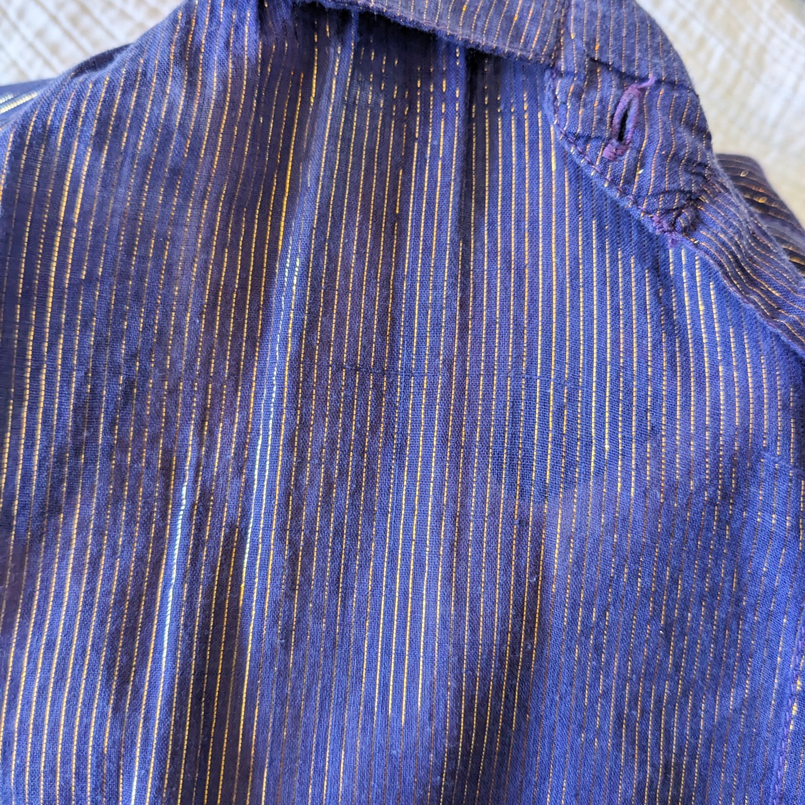 VTG 80s Metallic Gold Stripe Cotton Voile Blouse 14/L Purple Button Up Top India