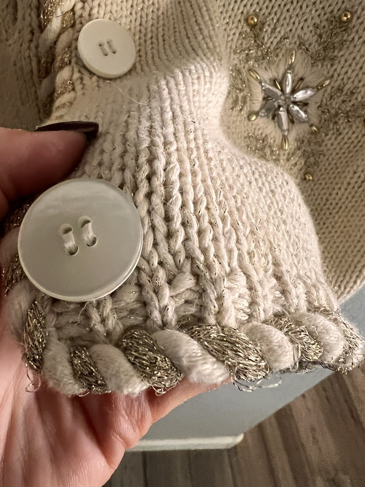 Vintage IB Diffusion Cream Gold Embroidered Bead Sweater Holiday Cardigan – LG