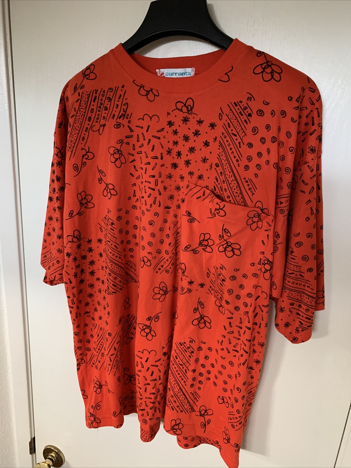 Currants By Jeri-Jo Vintage 1970’s Orange Black Flower Pocket Shirt Women’s Sz L
