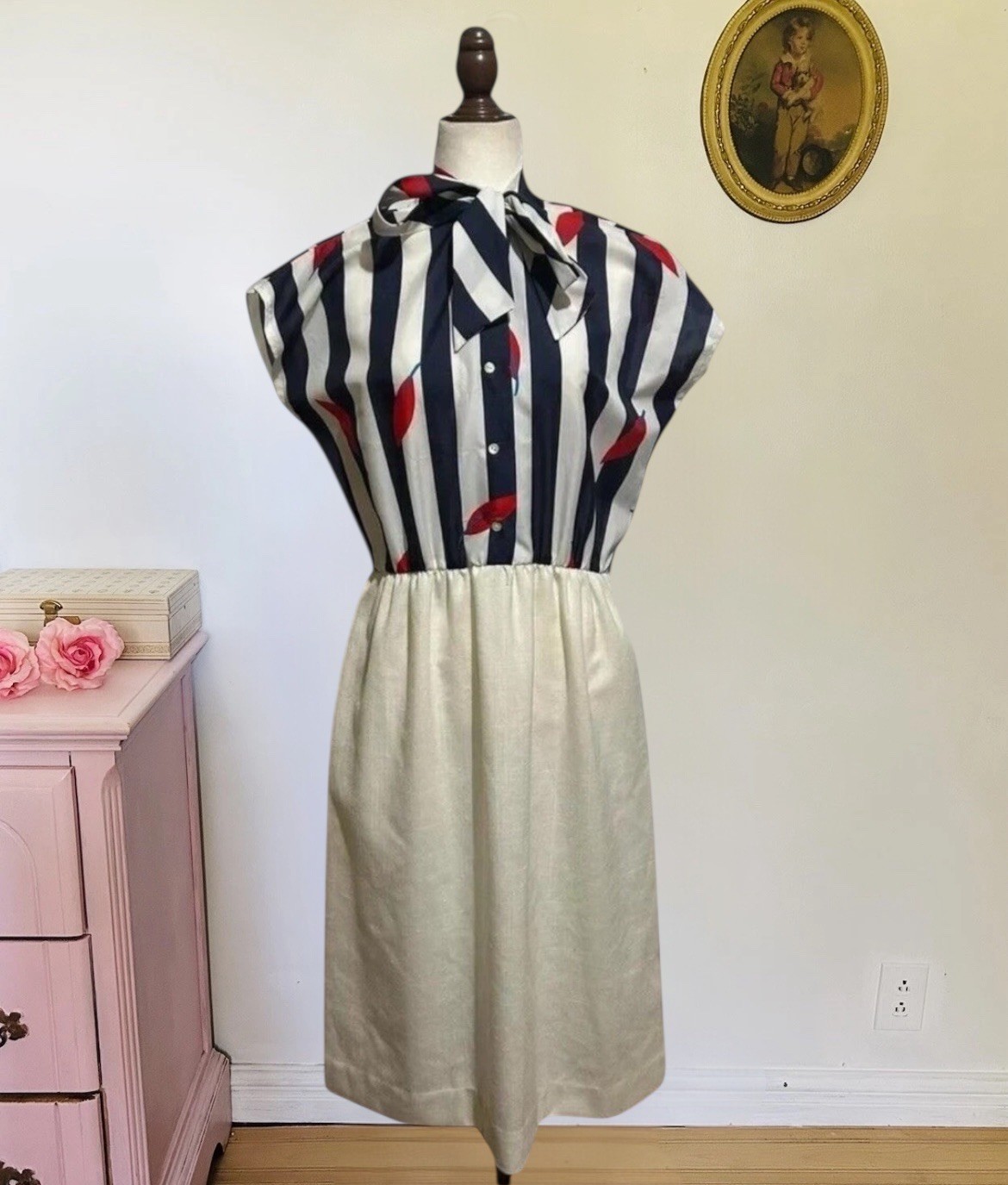 Vtg 1970s Dress Plus XL-1X 4th Of July Patriotic Coquette Jerrie Lurie Tie Bow