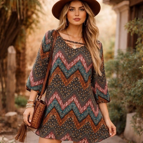Bohemian Southwestern Aztec Dress Small Mini Gypsy Hippie Festival Indie Sleaze