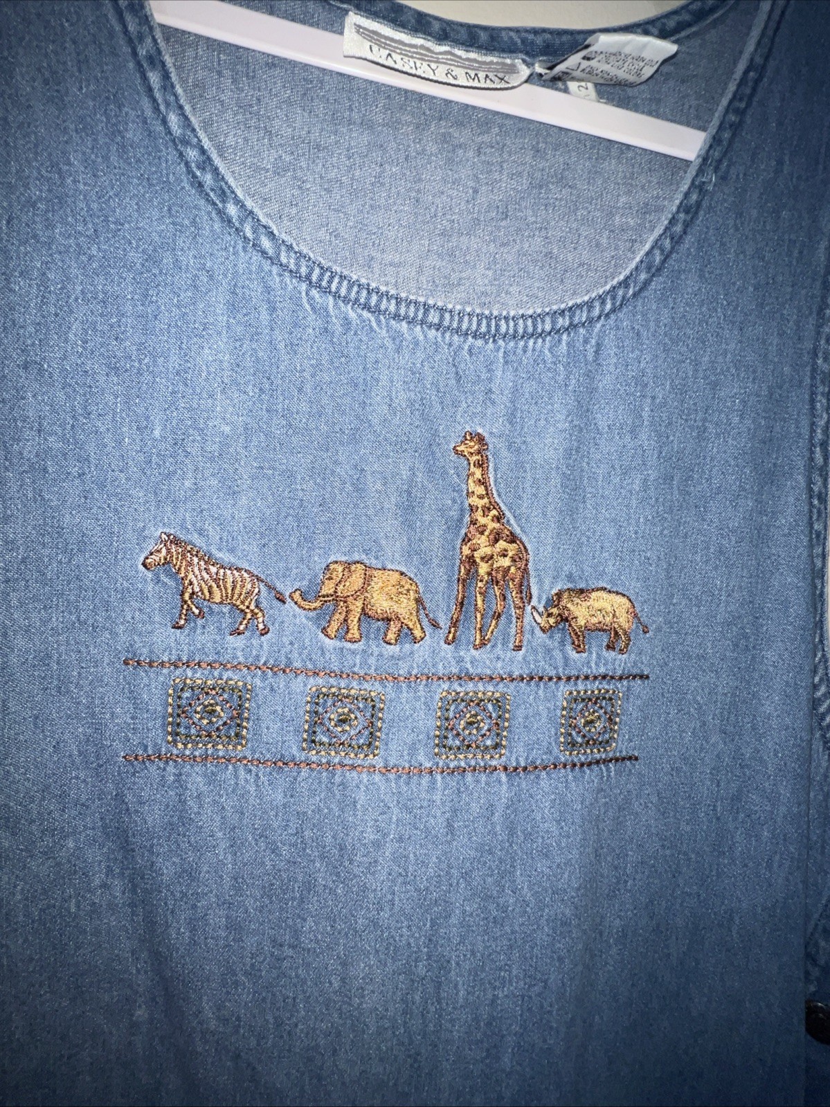 Vintage Casey & Max 90s African Animals Embroidered Denim Maxi Women’s Medium