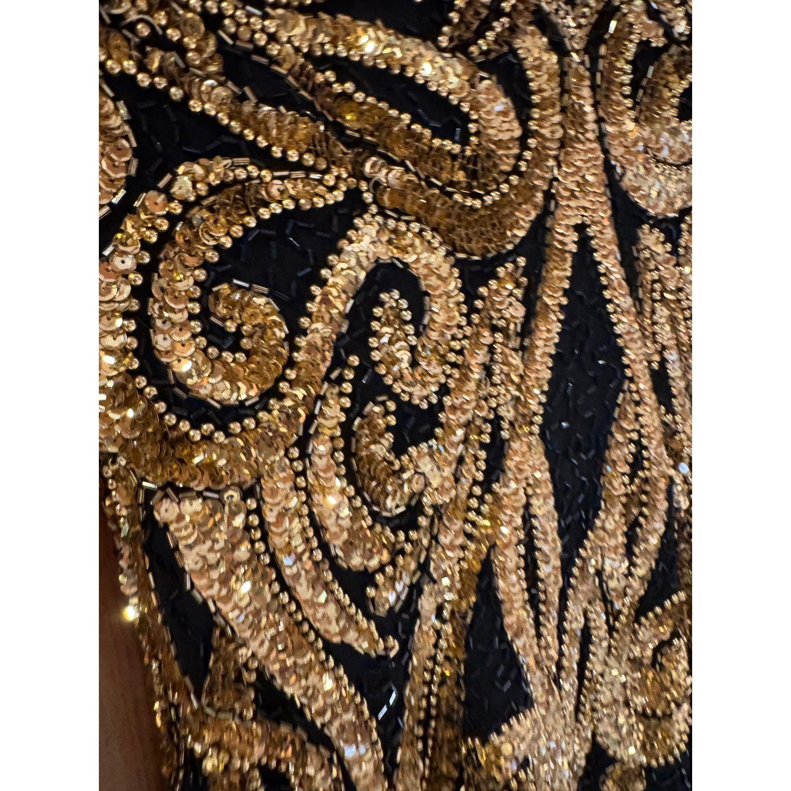 Niteline Della Roufogali Vintage Silk Beaded Sequin Gown Gold Black Maxi Dress 8
