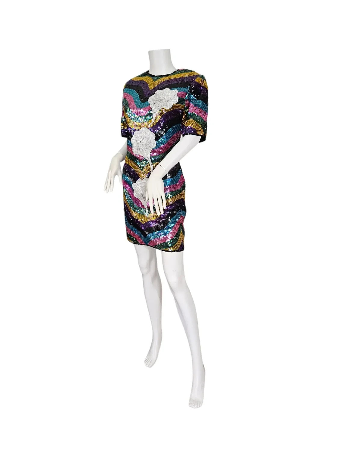 1980s Rainbow Stripe Silk Beaded Sequin Dress I Sz Med Imperial Handicrafts