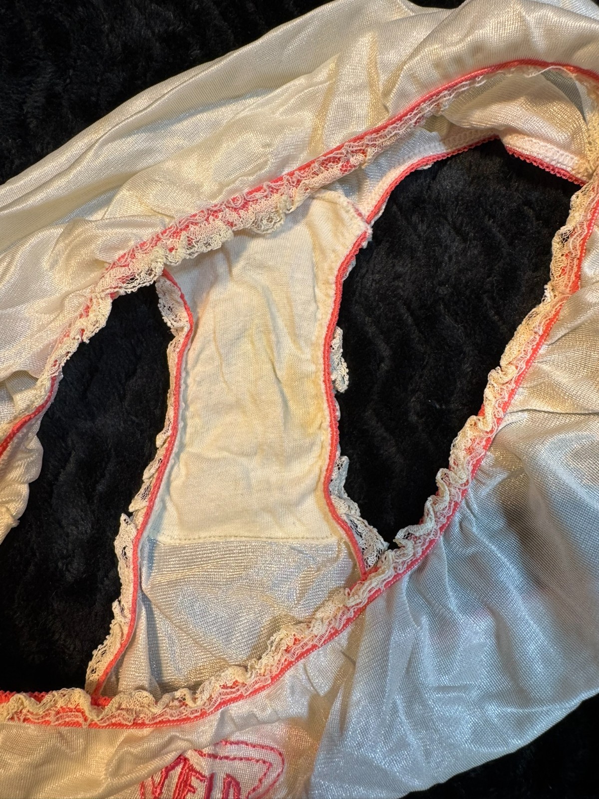 NWOT VINTAGE SATIN NYLON HIPSTER BIKINI 70S YIELD TO ME EMBROIDERY SEXY PLAYFUL
