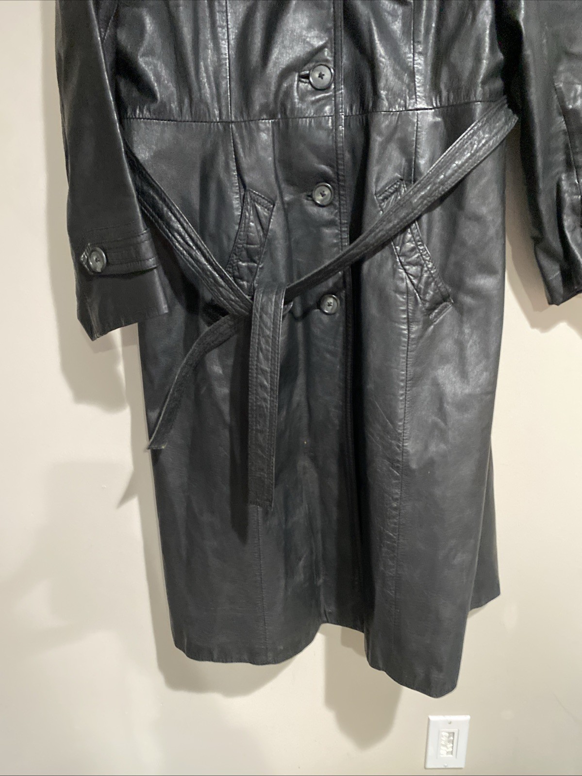 Vtg The Tannery Montgomery Ward Leather Trench Overcoat Black Midi Belted Sz Med