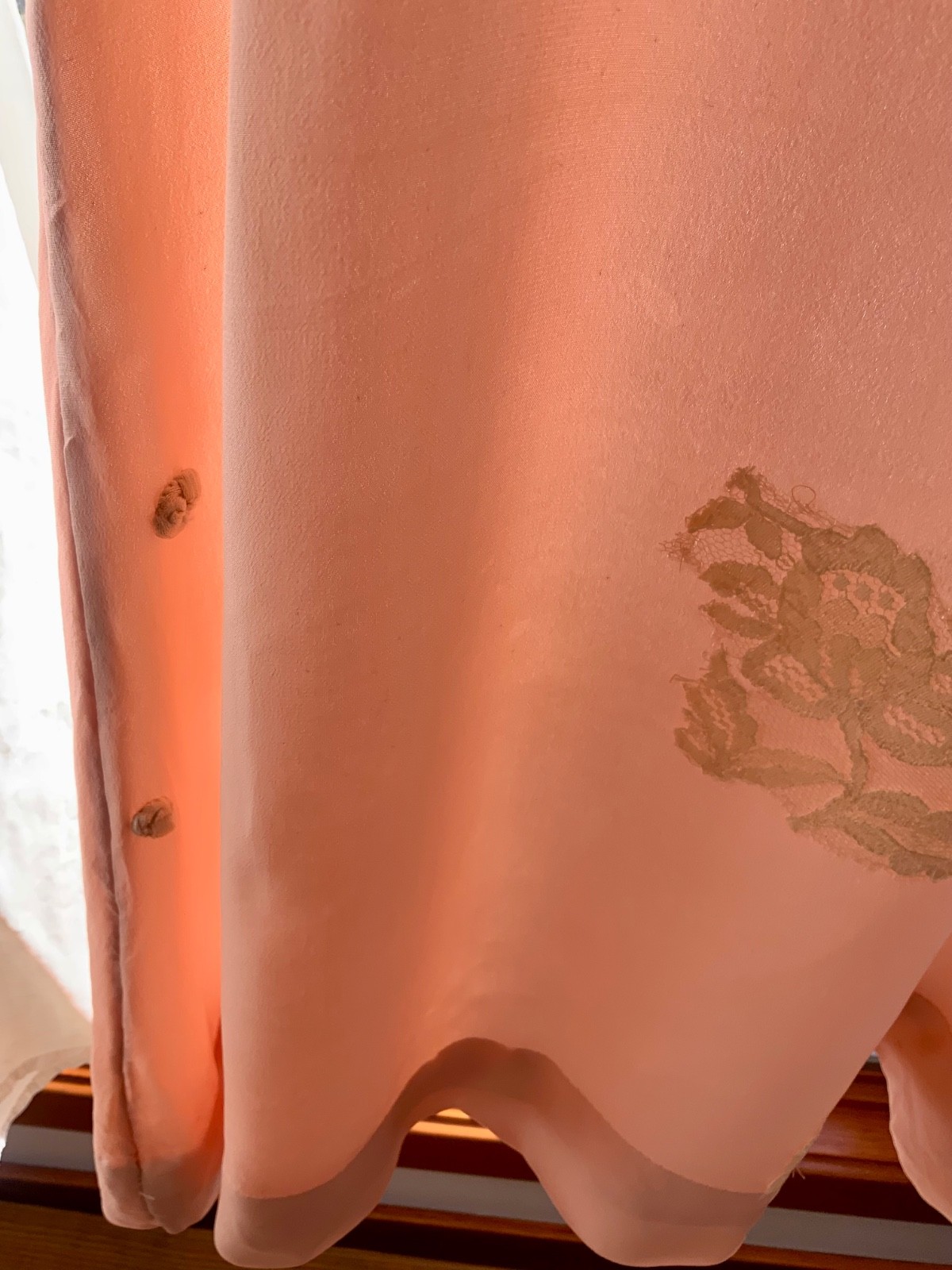 1940s Peach Silk Slip Dress with Antique Lace Appliqué — Pure Silk Boudoir Dress