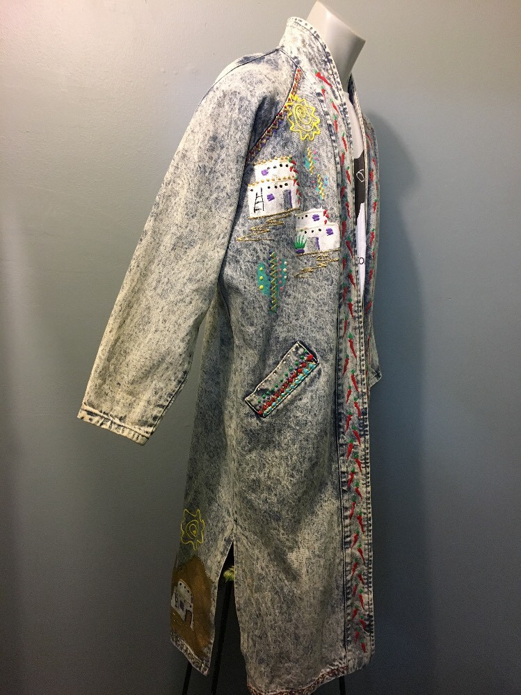 Vtg 80s 90s Acid Washed Denim Trench Coat Womens Unisex L-XL Jean Jacket Painted