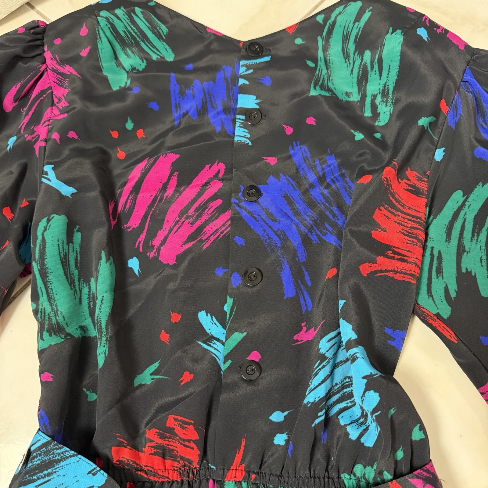 Vintage 80s LANZ Abstract Brushstroke Midi Dress Belted Peplum Pockets Small ?