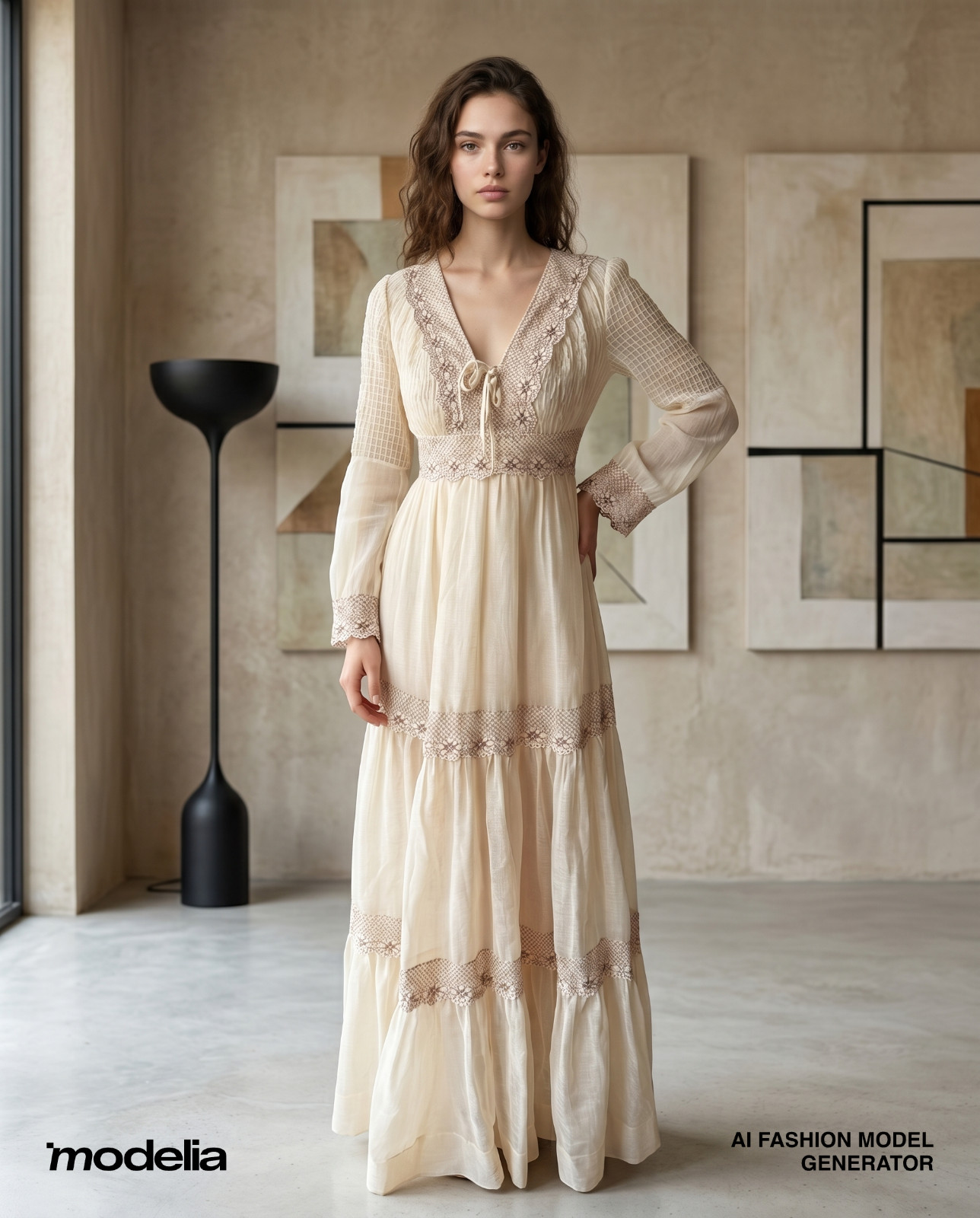 Vtg Candi Of California 1970s Beige Wedding Maxi Hippie Dress Lace Trim Sz 7 (S)