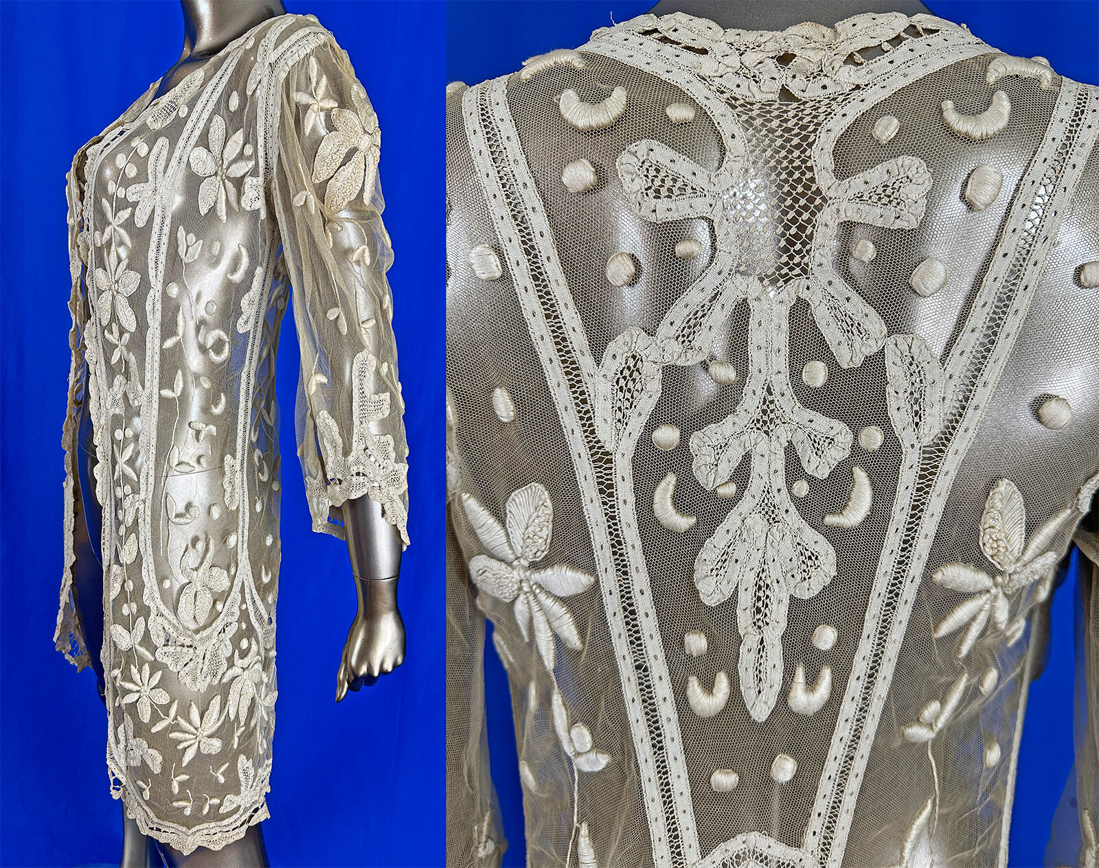 Vintage Edwardian Embroidered Ivory Net Battenberg Tape Lace Cutaway Coat Jacket