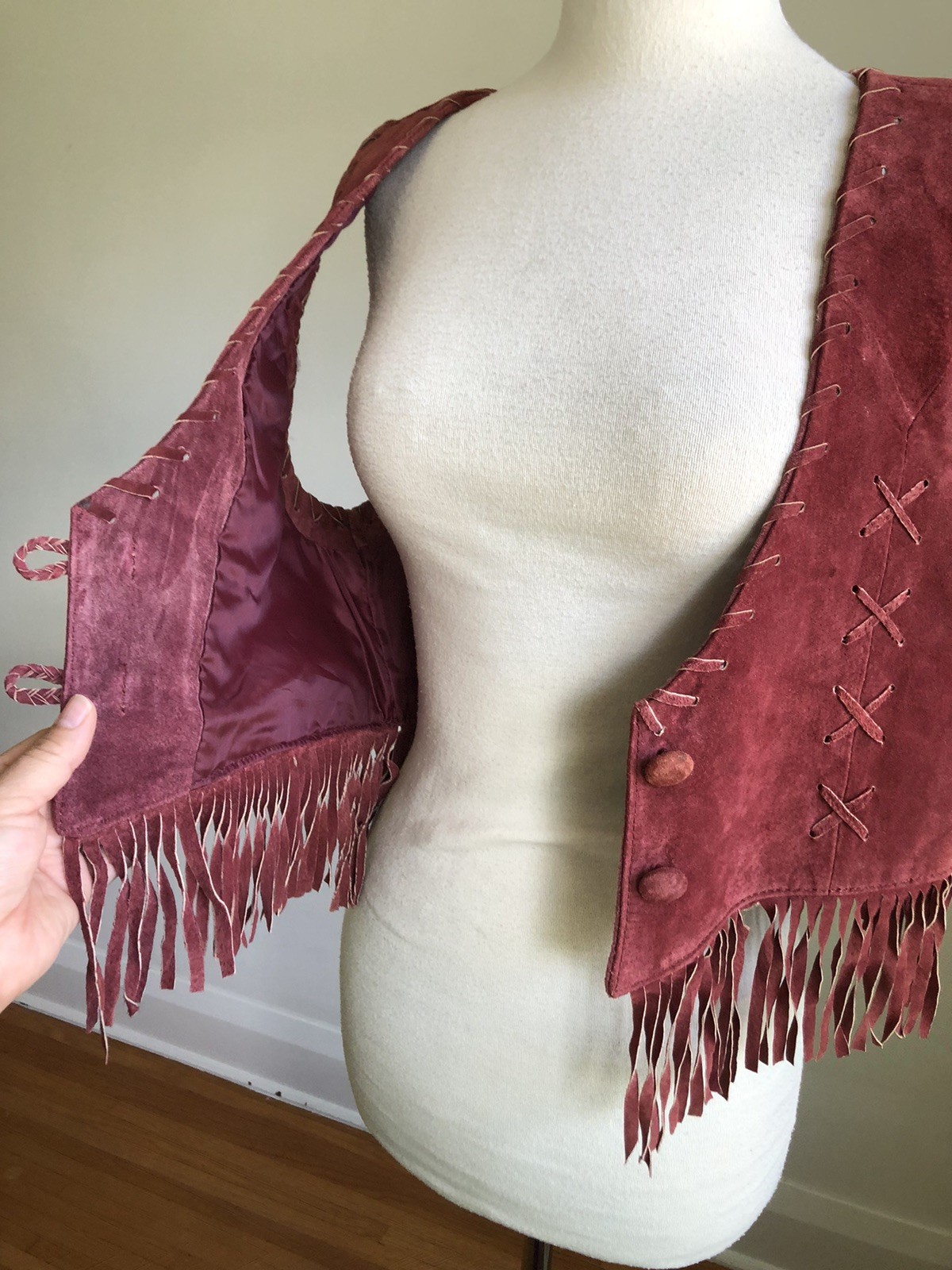 STUNNING VTG DON’T STOP Classics Maroon Suede Leather Fringe Vest SZ L