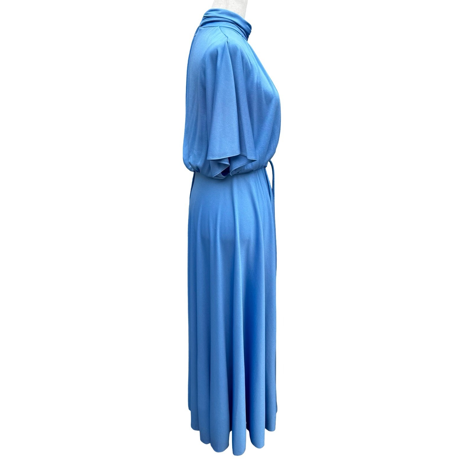Vintage 70s Blue Mock Neck Cape Sleeve Maxi Dress Disco Gown Tie Waist Blue
