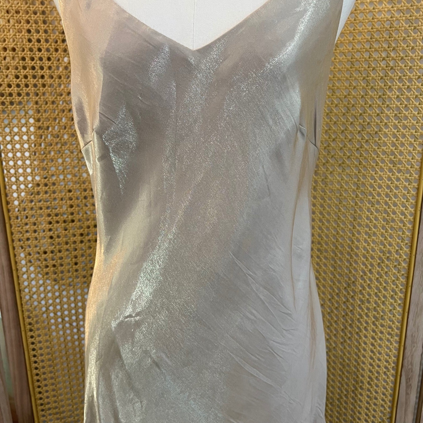 Vintage Alex Evenings Champagne Metallic Rayon Slip Maxi Dress 90s Formal 12